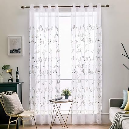 Miulee 2 Panels Embroidered Sheer Window Peach Blossom Design