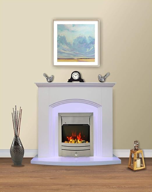 Modern White Brushed Steel Silver Electric Fire Surround Set Complete