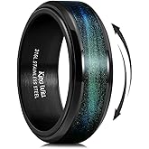 King Will Mens 8mm Stainless Steel Rings Anxiety Fidget Spinner Ring Black Plated Blue Green Galaxy Sand Inlay Beveled Edge Spinning Wedding Bands Comfort Fit Size 7-12