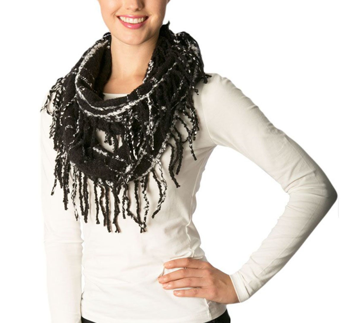 Apparelism Women's Winter Plaid Knitted Infinity Loop Scarf with PomPom Fringe Apparelism Women's Winter Plaid Knitted Infinity Loop Scarf with PomPom Fringe