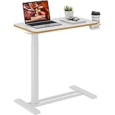 FitStand Medical Overbed Adjustable Bedside Table with Hidden Casters, Pneumatic Mobile Rolling Laptop Standing Desk with Tray for Home and Hospital Use, White