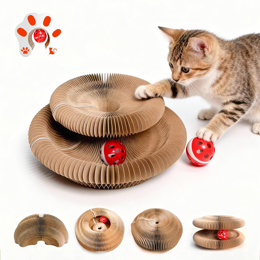 Photo 1 of 1 PCS Cat Toy Scratch Board,Accordion with Ball,Foldable Design,Boosts Claw Health,cat scratching board toy equipped with balls and bells,a cat toy designed specifically for indoor cats. (1 Psc)