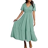 Simplee Womens Summer Smocked Flowy Dress - Casual Flutter Sleeve Tiered Boho Maxi Dresses with Pockets