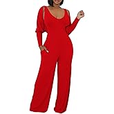 ECHOINE Womens V Neck Wide Leg Jumpsuits with Pockets Ribbed Long Sleeve Coat Pants 2 Piece Sets Outfits