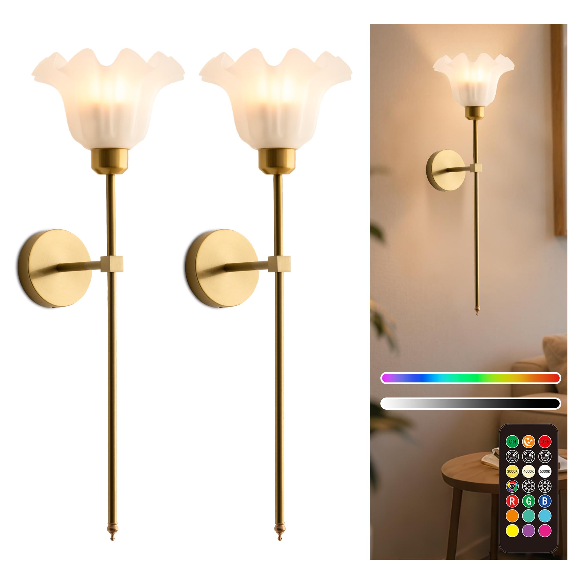 Photo 1 of **INCOMPLETE** Flower Battery Operated Wall Sconce Set of 2,Rechargeable Wall Lights with 5400mAh Dimmable Bulbs and Remote,12 Colors Wireless Wall sconces,Wall Lamps for Bedroom Living Room Hallway Wall Decor(Gold)