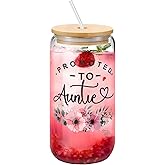 Yipaidel Promoted To Auntie Glass Cup 16 OZ, Iced Coffee Glass with Bamboo Lids and Straw, Beer Can Shaped Drinking, Inspirational Birthday Sunshine Christmas Gifts for Mom, Best Friend, Wife
