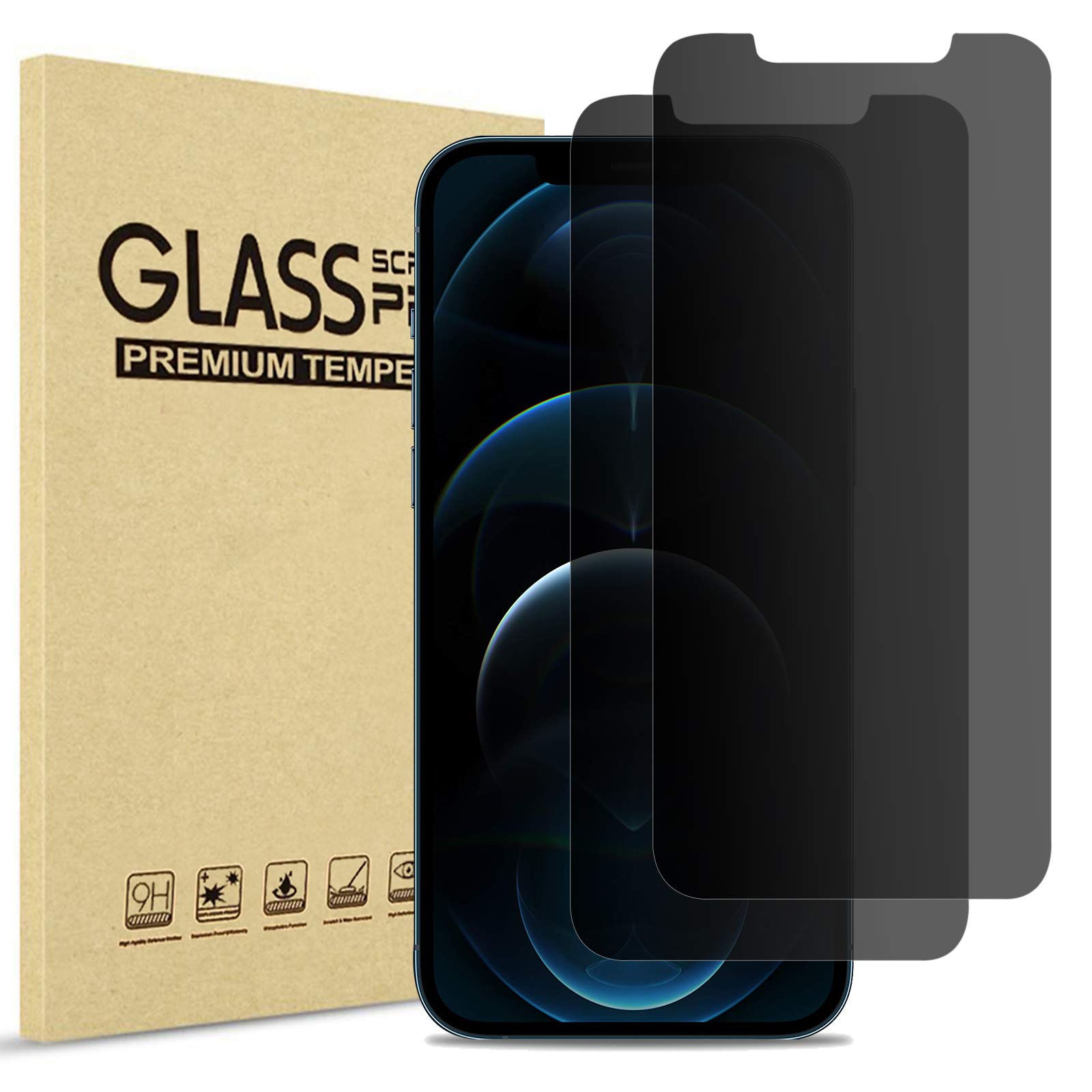 ProCase 2 Pack Privacy Screen Protector for iPhone 12 Pro Max 6.7’’ 2020, Tempered Glass Anti-Spying Black Dark Screen Film Guard