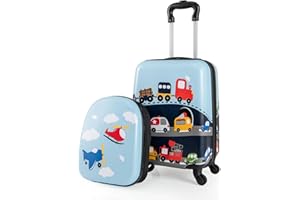 Goplus 2 PCS Kids Luggage, 13" Backpack & 16" Carry-on Suitcase w/Spinner Wheels, Telescopic Handle, Hard Shell Rolling Troll