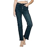 Judy- B Women's Casual Jeans Chic Button Fly Hem Destroy Straight Denim Pants- Dark Wash Straight-Leg Fit Raw Hem