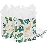 Juvale Safari Gift Bags - 12 Pack, 8 x 9 x 4 In, White/Green/Gold Foil - Goodie & Thank You Sacks with Tissue Paper for Birthday Safari Party Favors