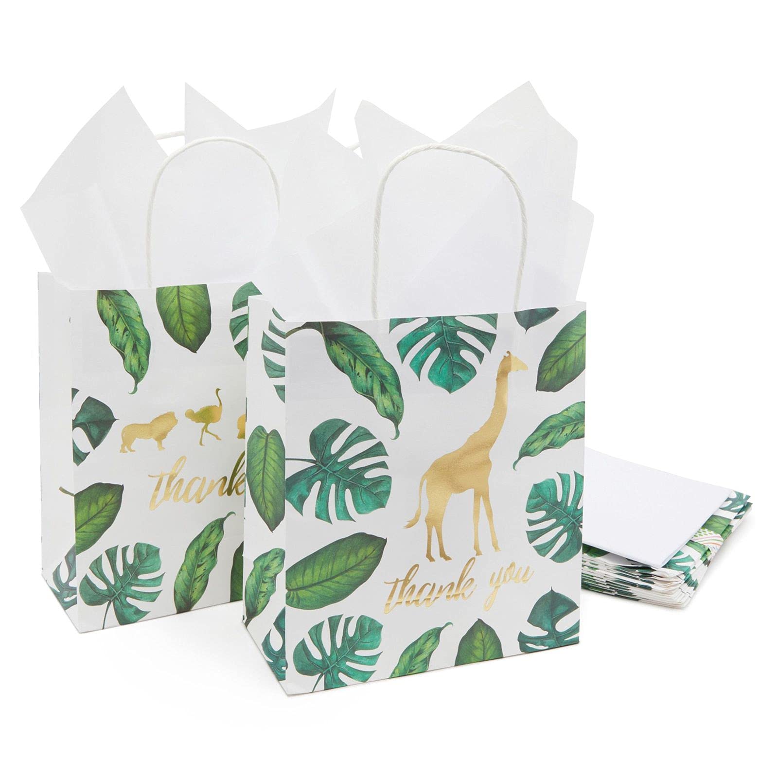 Photo 1 of Juvale Safari Gift Bags - 12 Pack, 8 x 9 x 4 In, White/Green/Gold Foil - Goodie & Thank You Sacks with Tissue Paper for Birthday Safari Party Favors