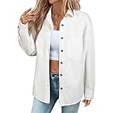 Sidefeel Women Denim Shirts Oversized Long Sleeve Button Down Blouse V Neck Casual Top Shackets