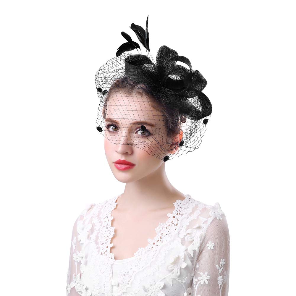 Women Ladies Feather Fascinator Hat with Veil Party Hat Wedding Bridal Hair Accessories Handmade Flower Bowler Pillbox Hat Top Hat Dot Mesh Net Veil with Hair Loop Race Hat for Evening Prom Black — image 1