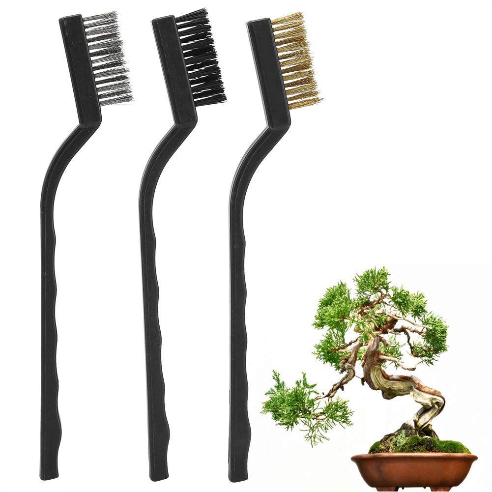 Mumusuki 3pcs Wire Brush Set Mini Wire Brush with Plastic Handle for Cleaning Tree Trunk Burr Bonsai Brush Garden Cleaning Tool