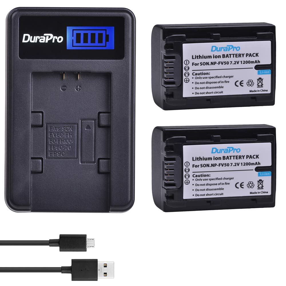 DuraPro 2Pcs 1200mAh NP-FV50 NP FV50 Battery + LCD USB Battery Charger for Sony NP-FV30 NP-FV40 FV50 Batteries; HDR-CX150E HDR-CX170 HDR-CX300 HDR-SR68 DCR-SX85 HDR-CX190 HDR-CX130 Handycam