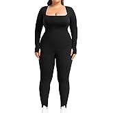 BLEVONH Women's Yoga Jumpsuits Ribbed Workout Rompers Square Neck Long Sleeve Bodysuits Full Length Plus size