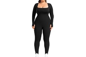 BLEVONH Women's Yoga Jumpsuits Ribbed Workout Rompers Square Neck Long Sleeve Bodysuits Full Length Plus size