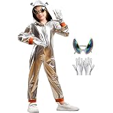SENLI Funny Halloween Alien Costume Kids Boys Girls | Complete Alien Set,Silver Onesie,Alien Glasses,Gloves,Soft Fabric,Front Zipper,Kids Dress-up Play