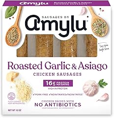 Amylu Foods Roasted Garlic & Asiago Chicken Sausage, Natural Ingredients, 16g of Protein, GAP Certified Chicken Raised with N