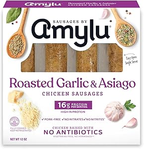 Amylu Foods Roasted Garlic & Asiago Chicken Sausage, Natural Ingredients, 16g of Protein, GAP Certified Chicken Raised with N