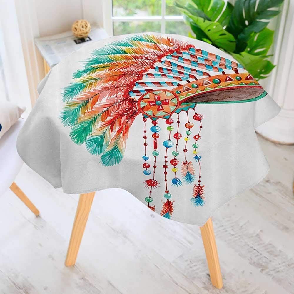 Spillproof Polyester Fabric Round TableclothWatercolor Tribal Indian Chief Headdress with