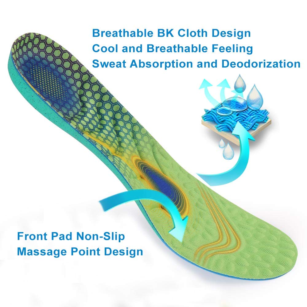 Shock Absorption Sports Shoe Insoles, Athletic Running Hiking Comfort Insoles for Sneakers or Hiking Boots, High Elastic Massage Thick Insoles, Replacement Insoles/Inserts for Men or Women – L