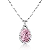 DERDALN 925 Sterling Silver Oval Pink Gemstone Necklace for Women Cubic Zirconia Halo Pendant Trendy Birthstone Jewelry Gift