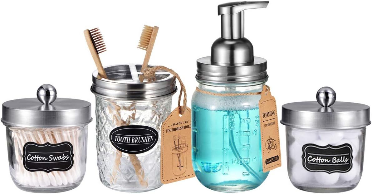 Mason Jar Bathroom Accessories Set(4 Pack) - Foaming Soap Dispenser&Qtip Holder Set&Toothbrush Holder-Rustic Farmhouse Decor Bathroom Organizer Apothecary Jar Country Countertop (Brushed Nickel): Home & Kitchen