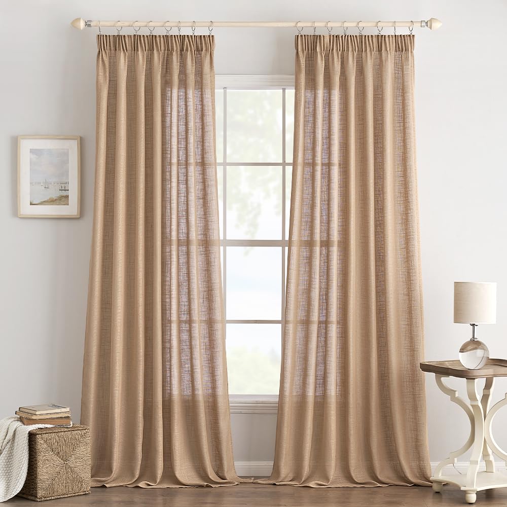 EMEMA Curtains Linen Curtain with Ruffle Tape Voile Curtain Linen Look Modern Semi-Transparent for Living Room Decorative Curtain Kitchen Curtains Tab-Top Curtain Children's Room Brown 140 x 145 cm