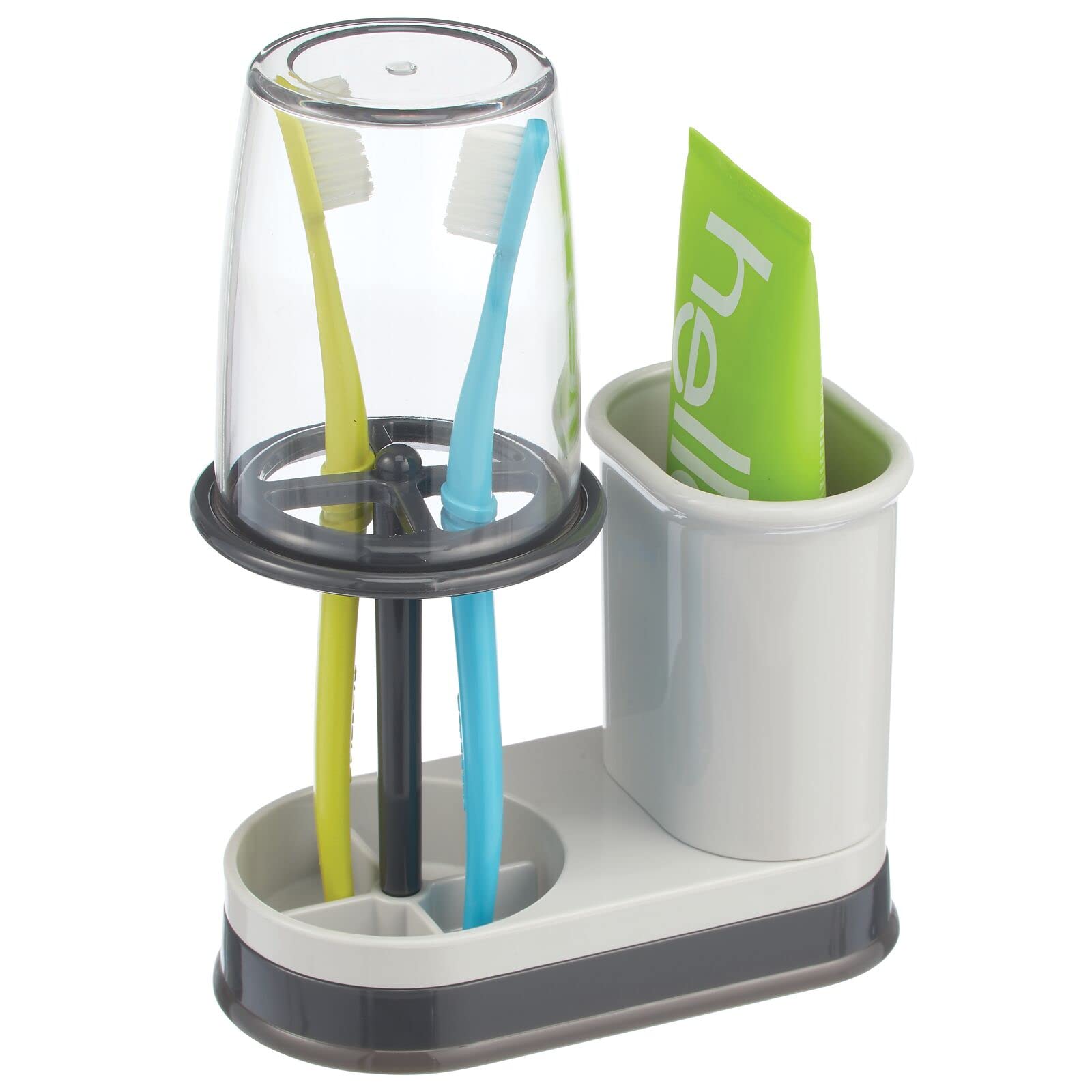 mDesign Toothbrush Holder Set — Storage Stand for Holding Bathroom Accessories — Toothpaste and Toothbrush Holder with Cover/Tumbler — Light/Dark Grey — image 1