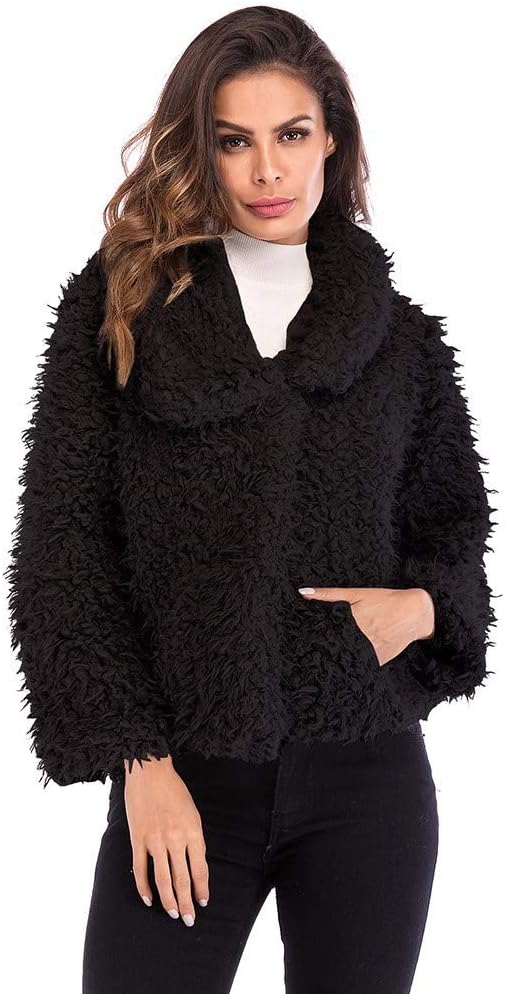 HuaMore Women Autumn Winter Casual Turn Down Collar Faux Fur Warm Short Jacket Coat Black