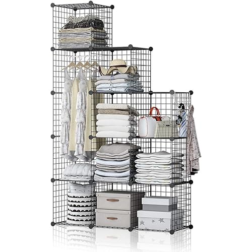 YOZO Modular Wire Cube Storage Wardrobe Closet Organizer Metal Rack Book Shelf MultiFuncation Shelving Unit, 12T Cubes, Depth 14 inches, Black