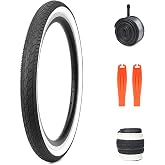 20/24/26 x 1.75 Inch Bike One/Two Pack Bicycle White Wall Side Black Tires Folding Bead Tires with/Without Inner Tubes Compatible with 20"/ 24"/ 26" City Bike, Lady Bicycle, Cruiser Bikes, Tricycles