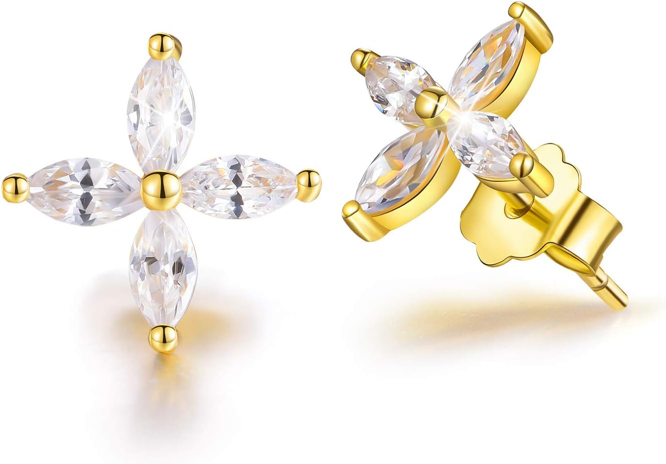 ✦Gifts for Christmas✦Esberry 18K Gold Plating 925 Sterling Silver Earrings Bride Wedding Earrings Cubic Zirconia Snowflake Stud Earrings Marquise Shape CZ Hypoallergenic Earrings for Women