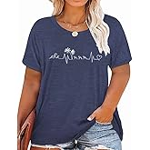 GeLivable Women's Summer Plus Size Beach Vacation Printed Short Sleeve Round Neck Casual Top