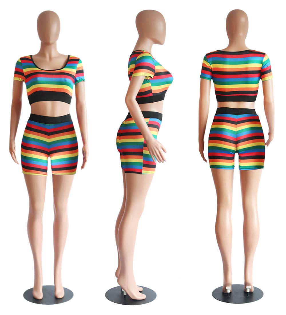 ECHOINE 2 Piece Outfits for Women, Bodycon Jumpsuits Crewneck Pullover Short Sleeve Striped Tracksuit Rompers Bodysuit S