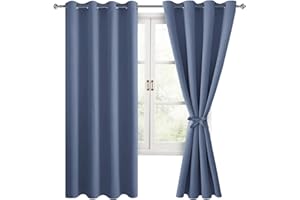 Hiasan Blackout Curtains for Bedroom, 52 x 63 Inches Length - Thermal Insulated & Light Blocking Window Curtains for Living Room/Kids Room, 2 Drape Panels Sewn with Tiebacks, Blue Haze