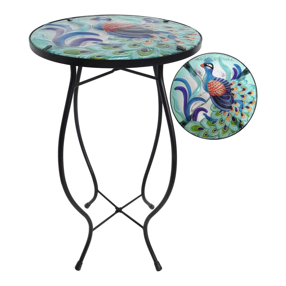 Comfy Hour 21" Blue Peacock Glass Top Metal Art Flowerpot Holder Plant Support Flower Stand, Garden and Home