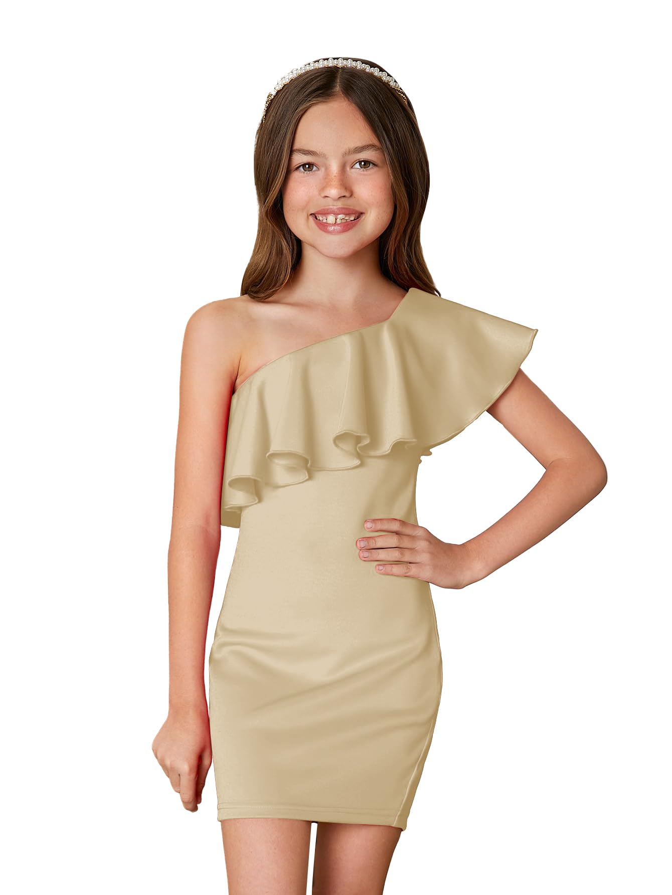 Photo 1 of WDIRARA Girl's One Shoulder Ruffle Trim Flounce Sleeve Pencil Party Birthday Dress Apricot 9Y