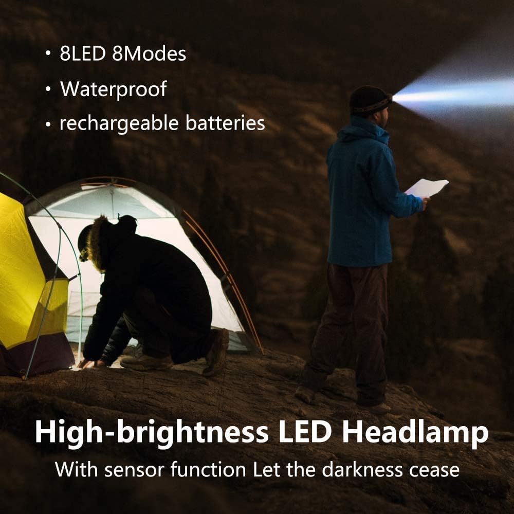 AOBISI Headlamp, 1300 Lumen 8 LED Headlight with White Red Lights, USB Rechargeable Waterproof Head Lamp, 8 Modes Headlamp Flashlight for Outdoor Camping, Cycling, Fishing, Running - - 