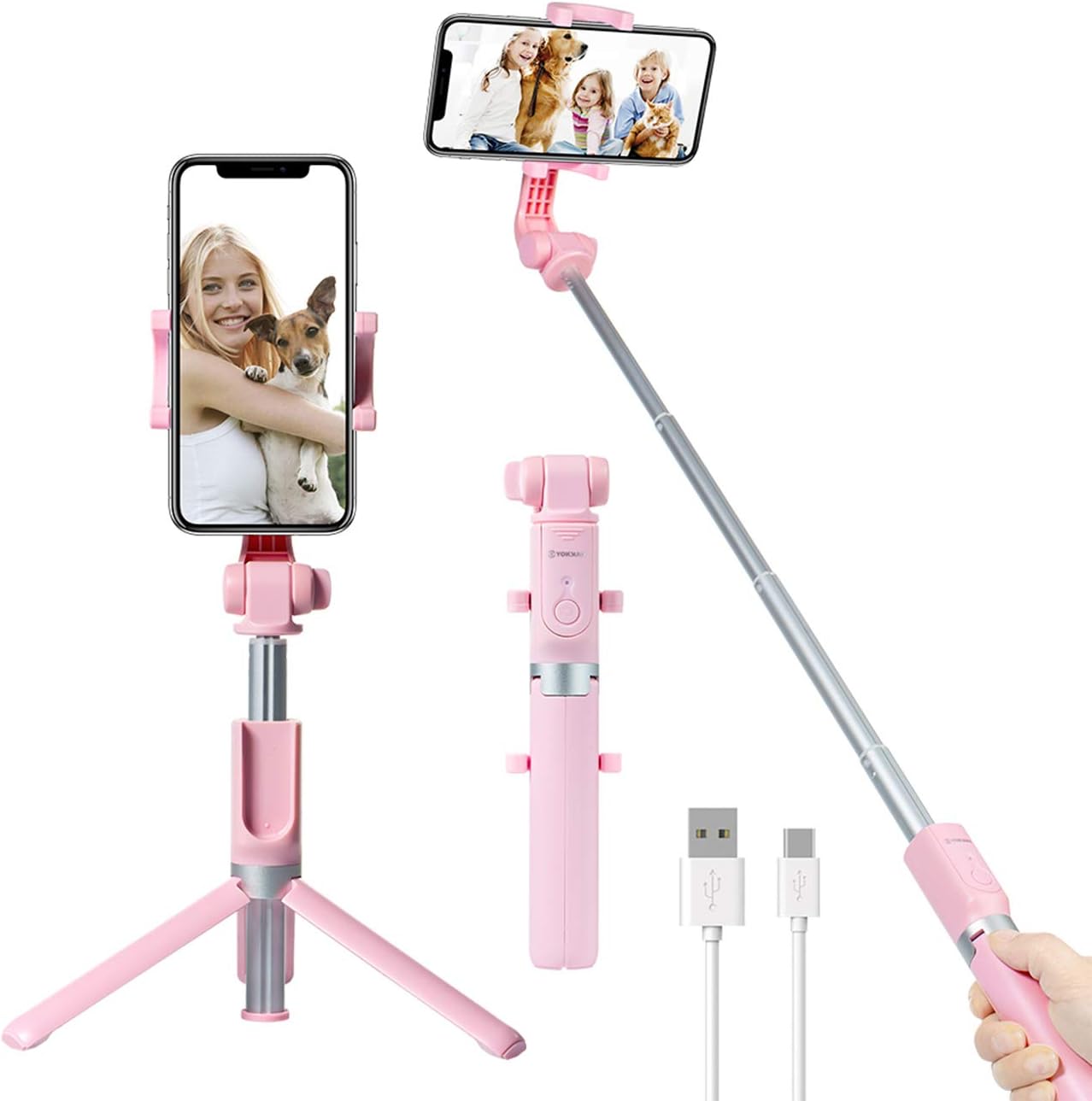 Yokkao Certified IP66 Waterproof Bluetooth Tripod Selfie Stick Portable Foldable Compatible with iPhone 11/11 Pro/Xs MAX/XR/XS/X/8/8 Plus/Galaxy Note 9/S9/S9 Plus/Note 8/S8 Plus/LG More (Pink)