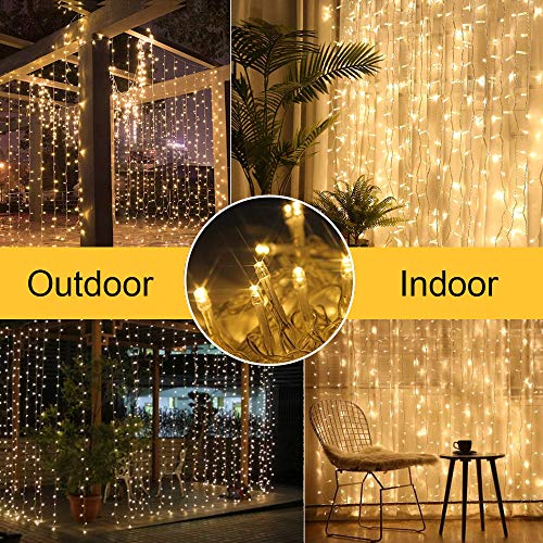 Chipark Solar Curtain Lights, Upgraded Garden Fairy Lights 300 LED 8 Modes Remote Control Waterproof Solar Fairy Lights Outdoor Curtain String Lights for Gazebo Patio Party Festival Decorations(Warm)