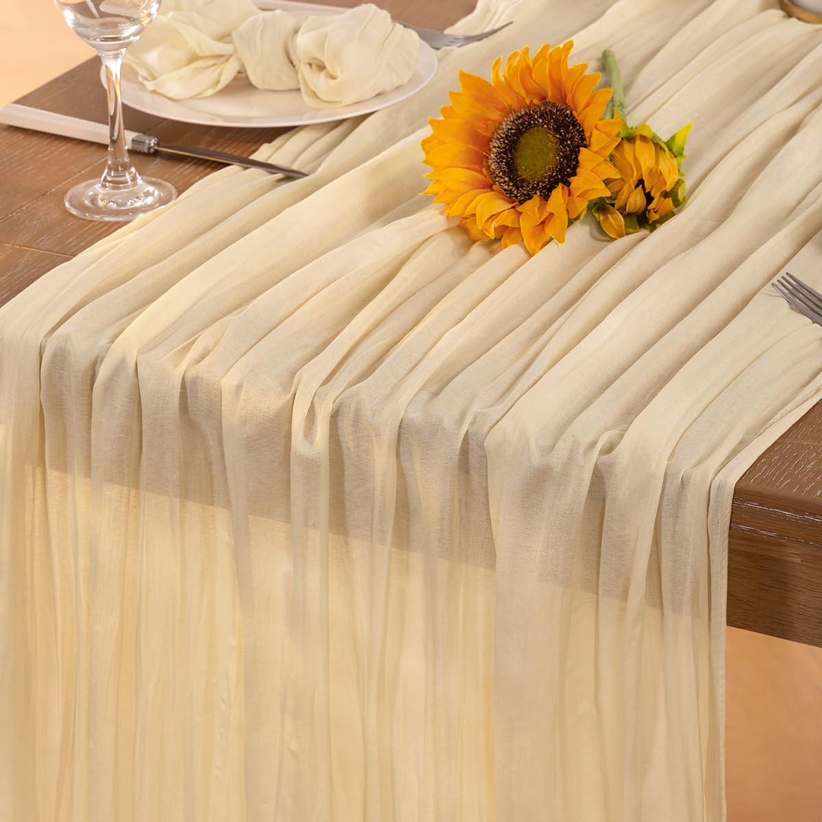 Photo 1 of DeZerlor Beige Cheesecloth Table Runner Fall Table Runner 120 Inches Boho Gauze Cream Cheese Cloth Fall Table Decorations for Thanksgiving Wedding Bridal Baby Shower Garden Party Decor