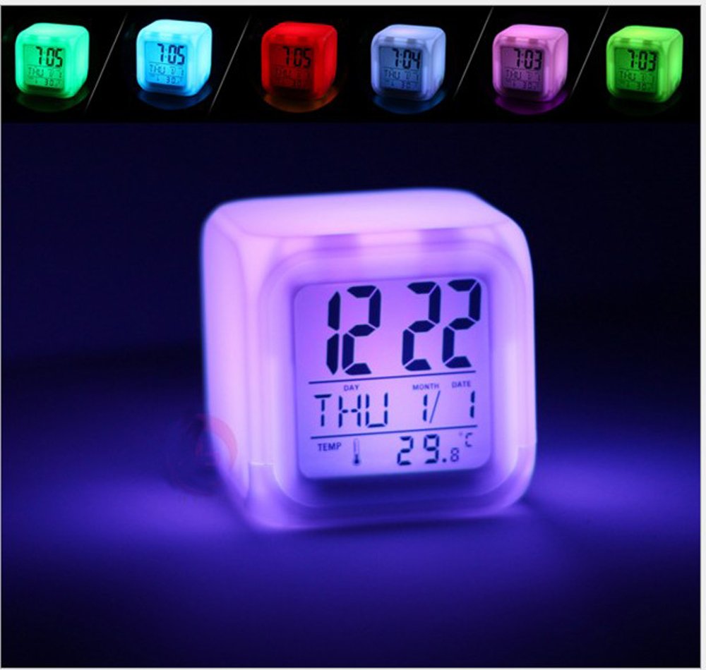 Zinnor Digital Alarm Thermometer Night Glowing Cube 7 Colors Clock Change LCD LED Changing Digital Alarm with Snooze,Music and Large Display-White