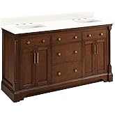 Signature Hardware 484364 Claudia 60" Double Basin Vanity Set with Mahogany Cabinet, Marble Vanity Top and Rectangular Underm