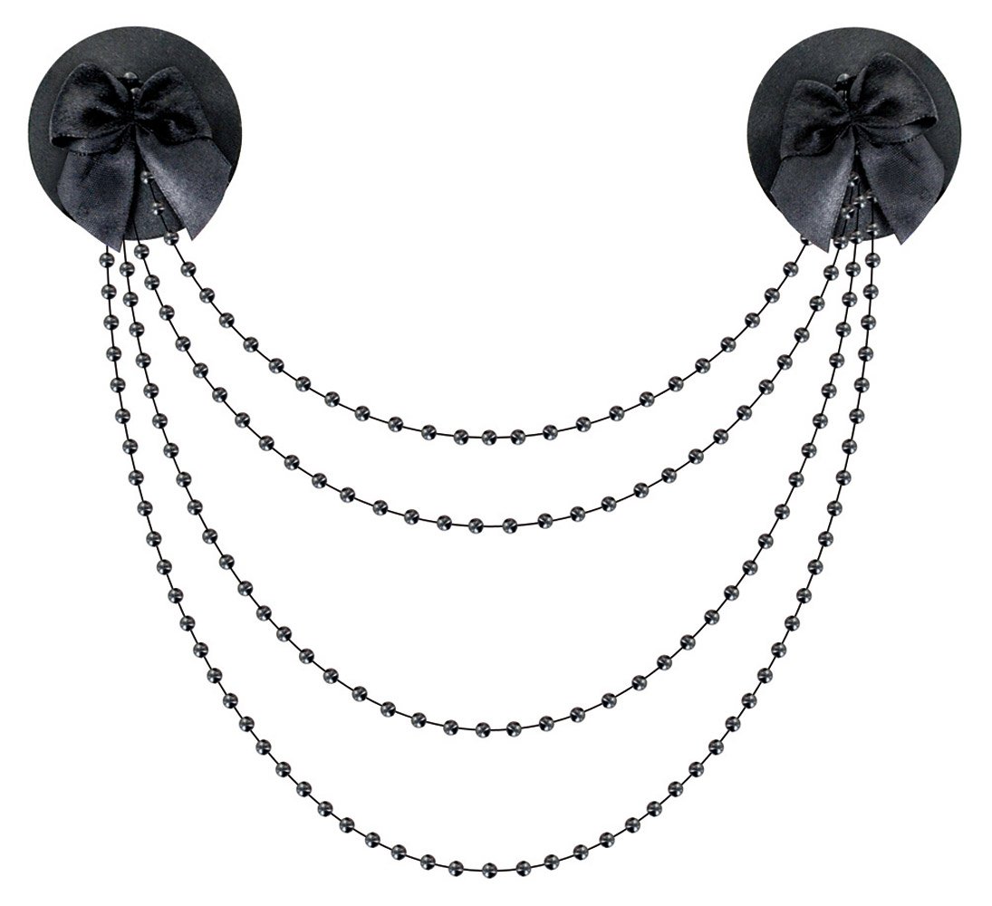 Paris Hollywood Luxury Black Nipple Cover Chain with Satin Bow and Bound by Beaded Chains