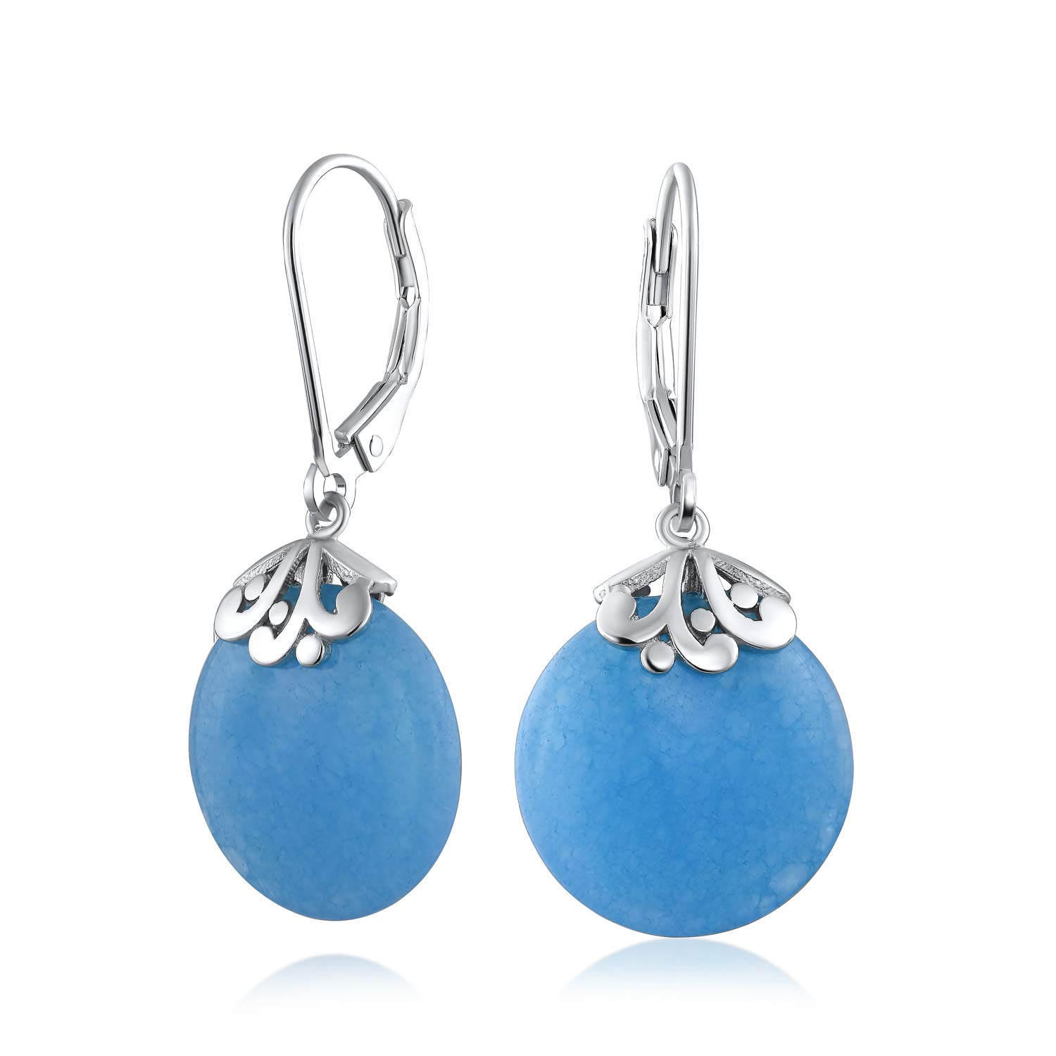 Western Style Filigree Lever Back Artic Cerulean Blue Simulated Larimar Dyed Quartz Flat Round Circle Disc Dangle Drops Earrings For Women .925 Sterling Silver