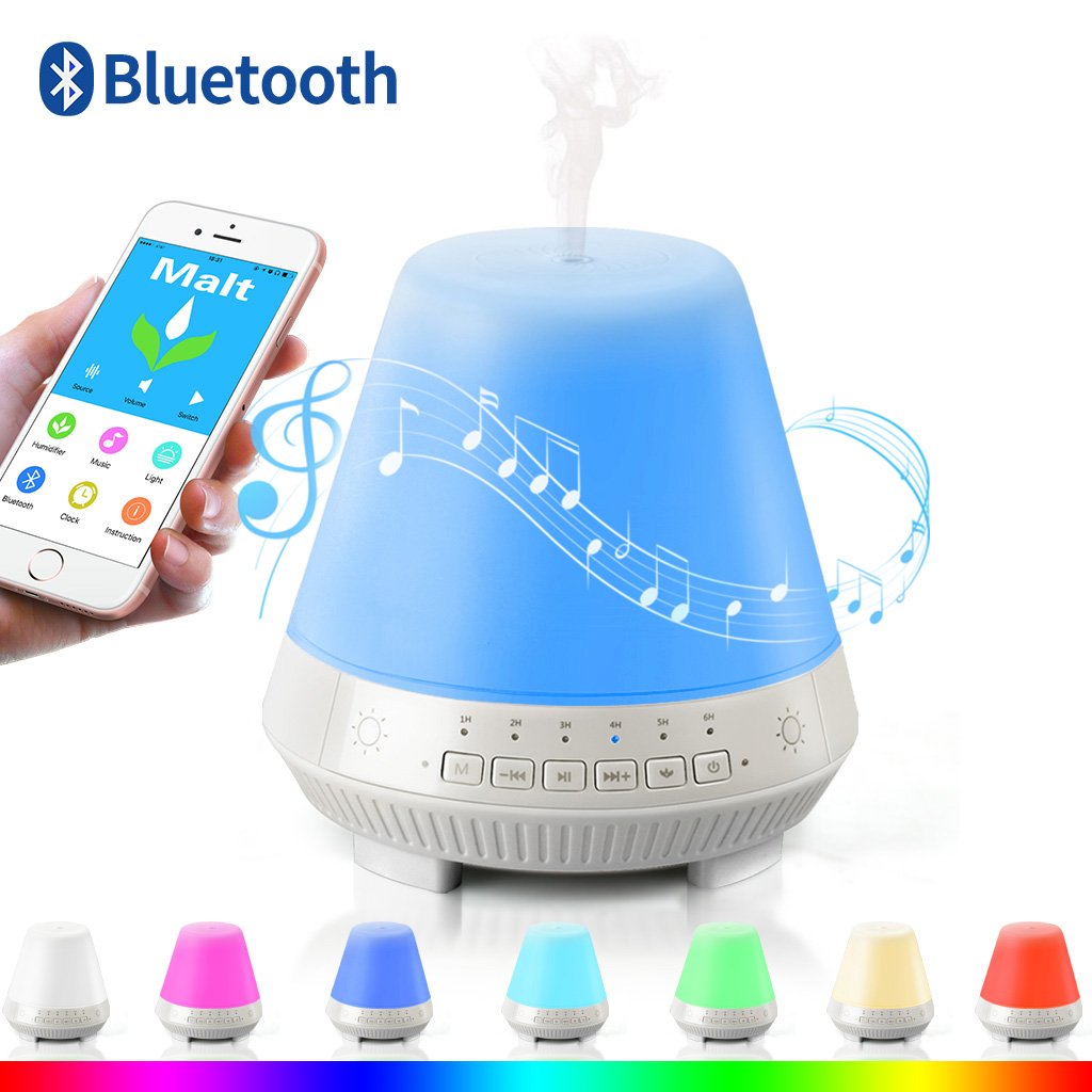 3-in-1 Cool Mist Humidifier Bluetooth Speaker Lamp, Smart Aroma Essential Oil Diffuser, VOSAKE Ultrasonic 300ml Mist Humidifier with 7 Color Lights Changing, Bluetooth Aroma Humidifier, Waterless Auto Shut-off & Timing, Alarm, 1-6 Hour Time