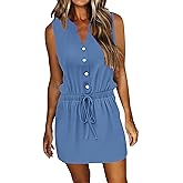 AUSELILY Womens Summer Dresses 2026 Casual V Neck Sleeveless Drawstring Button Mini Dress with Pockets