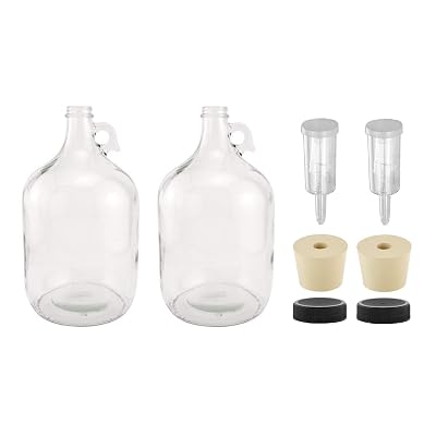 1 Gallon Glass Fermenting Jug with Handle, 6.5 Rubber Stopper, 3-Piece Airlock, Black Plastic Lid - Set of 2